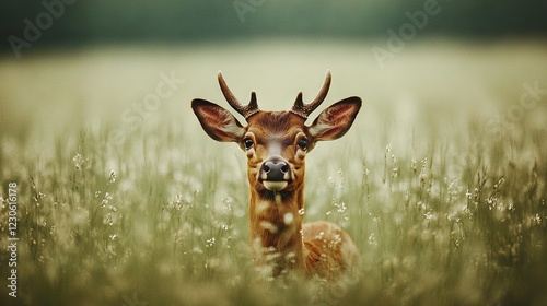    a deer in a grass field with its head facing the camera
