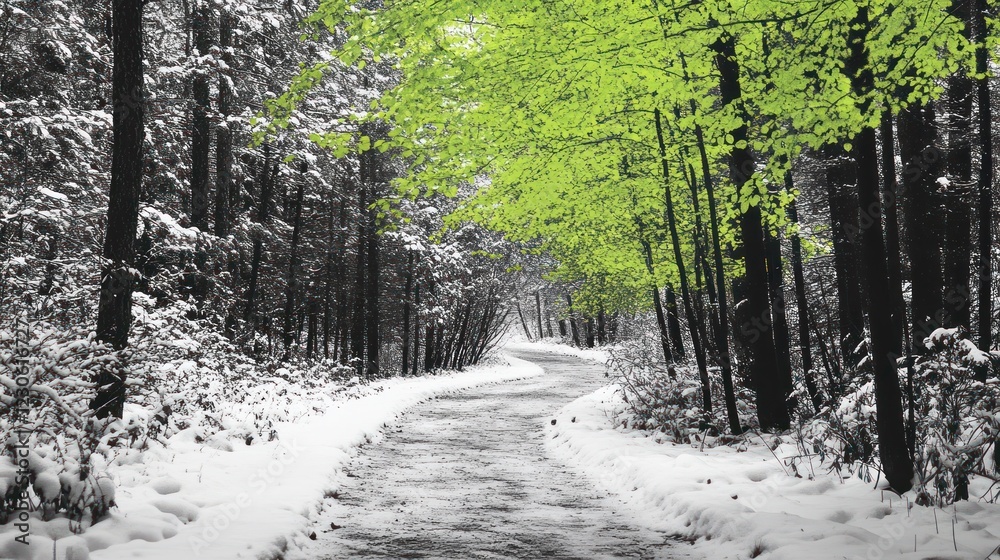 Fototapeta premium Snowy path winding through forest, spring arrives
