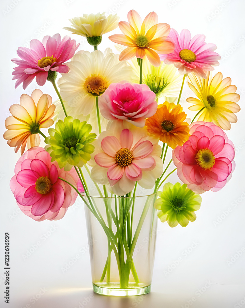 Obraz premium A vibrant bouquet of colorful flowers arranged in a clear vase, featuring a mix of pink, yellow, and green hues, creating a cheerful and lively atmosphere.