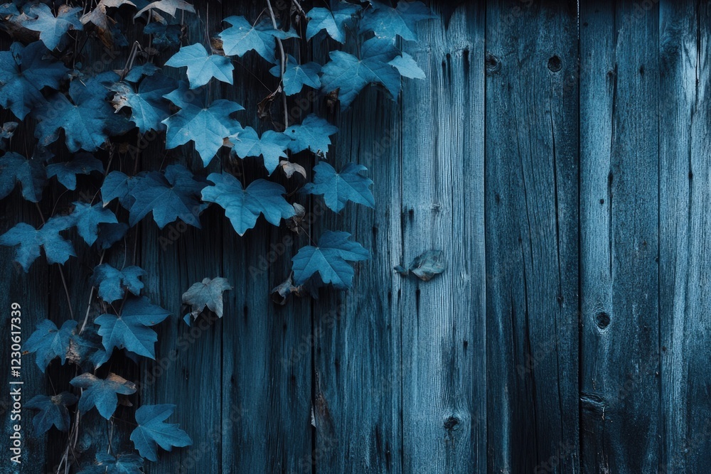 Dark teal-blue wooden fence with climbing ivy leaves. Dark teal-blue wooden fence with climbing ivy leaves.