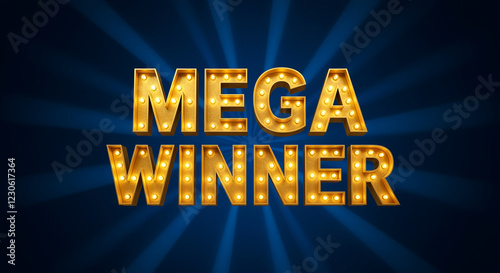 Mega winner text with light bulbs on dark blue background. Golden mega winner graphic with illuminated letters