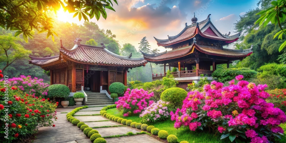 Fototapeta premium Serene temple surrounded by vibrant blooming flowers and lush greenery in a tranquil atmosphere amidst ancient architecture, nature, architecture