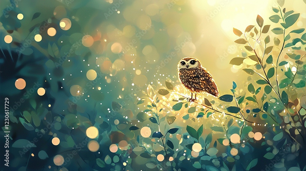 Fototapeta premium An owl perched on a tree branch, illuminated by a book of soft light filtering through the foliage