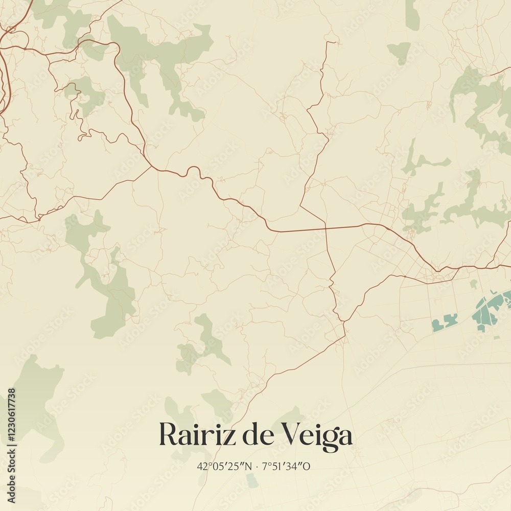 Fototapeta premium Retro Spanish map of Rairiz de Veiga, Galicia. Vintage street map.