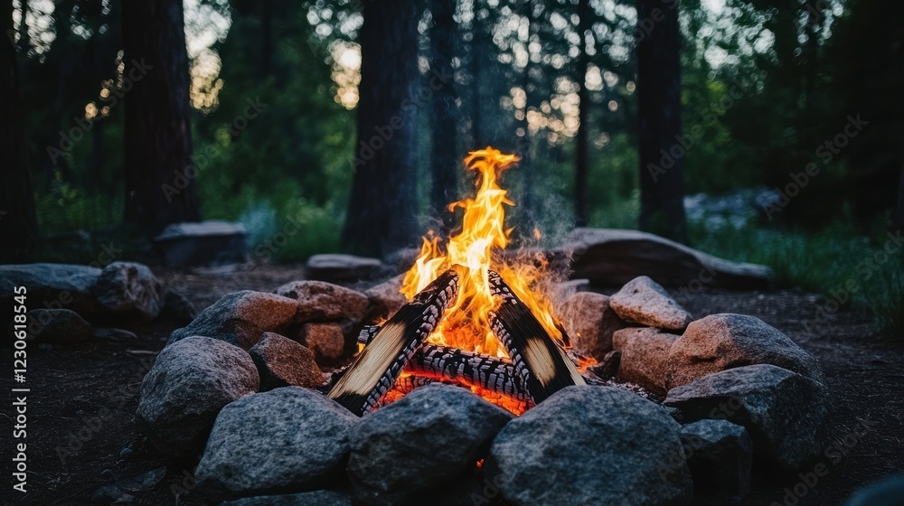 Campfire burning brightly in a forest setting Campfire burning brightly in a forest setting