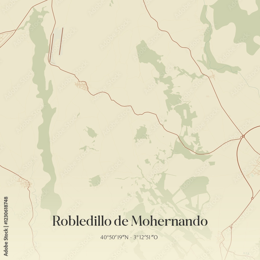Fototapeta premium Retro Spanish map of Robledillo de Mohernando, Castilla-La Mancha. Vintage street map.