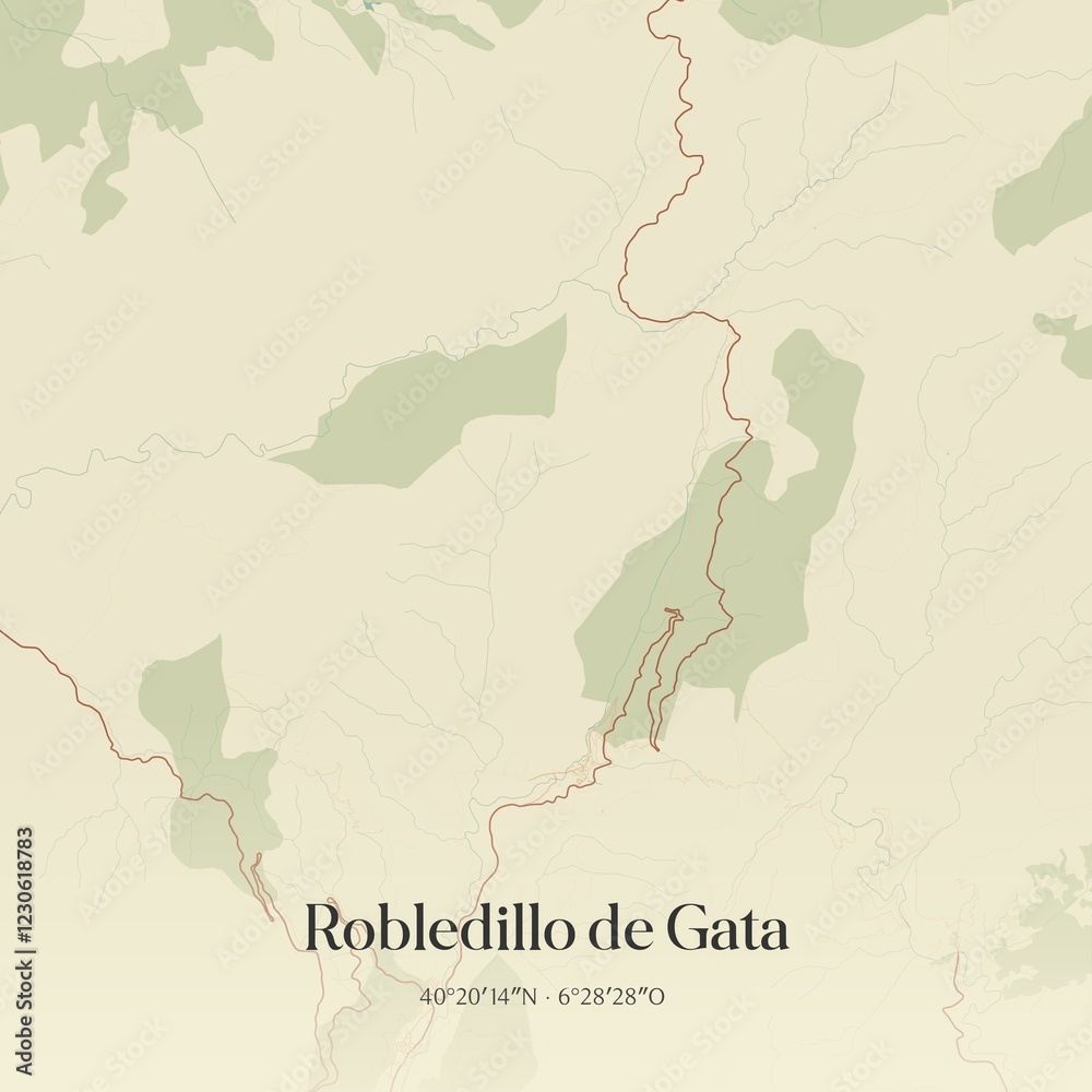 Obraz premium Retro Spanish map of Robledillo de Gata, Extremadura. Vintage street map.