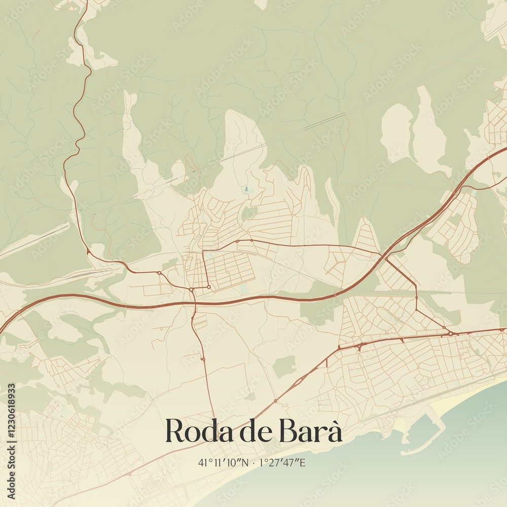 Obraz premium Retro Spanish map of Roda de Bar�, Catalu�a. Vintage street map.