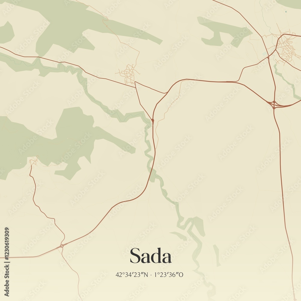 Fototapeta premium Retro Spanish map of Sada, Comunidad Foral de Navarra. Vintage street map.