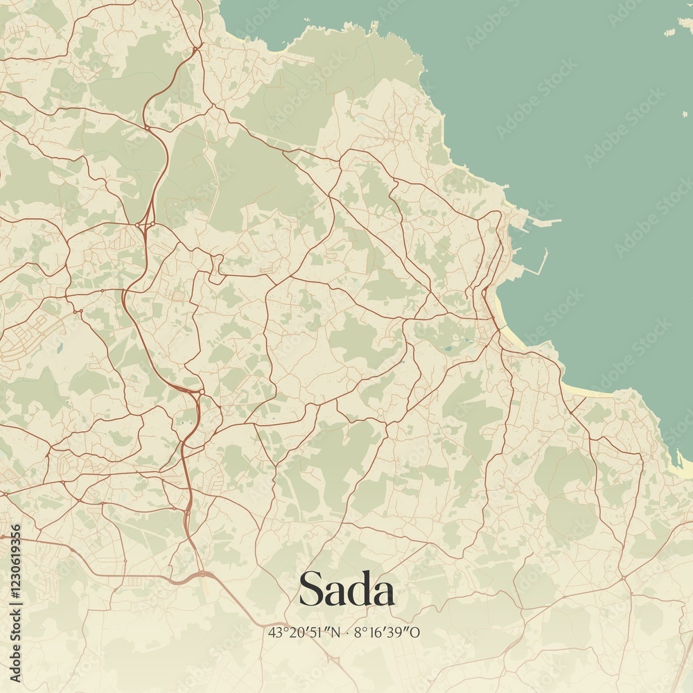 Fototapeta premium Retro Spanish map of Sada, Galicia. Vintage street map.