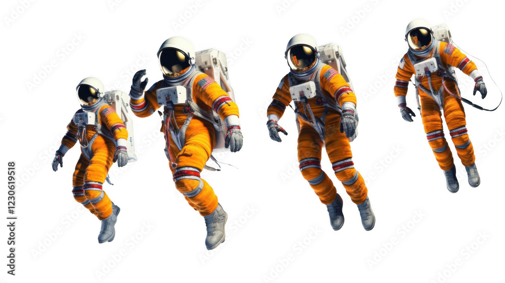 Group of astronauts in space suits, isolated on transparent background. Group of astronauts in space suits, isolated on transparent background.