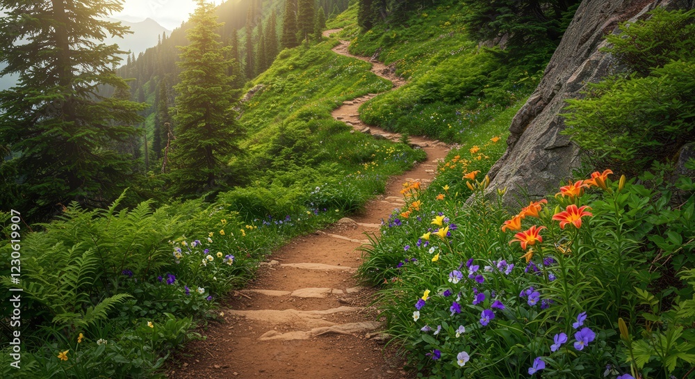 Naklejka premium Mountain trail with wildflowers leading to summit