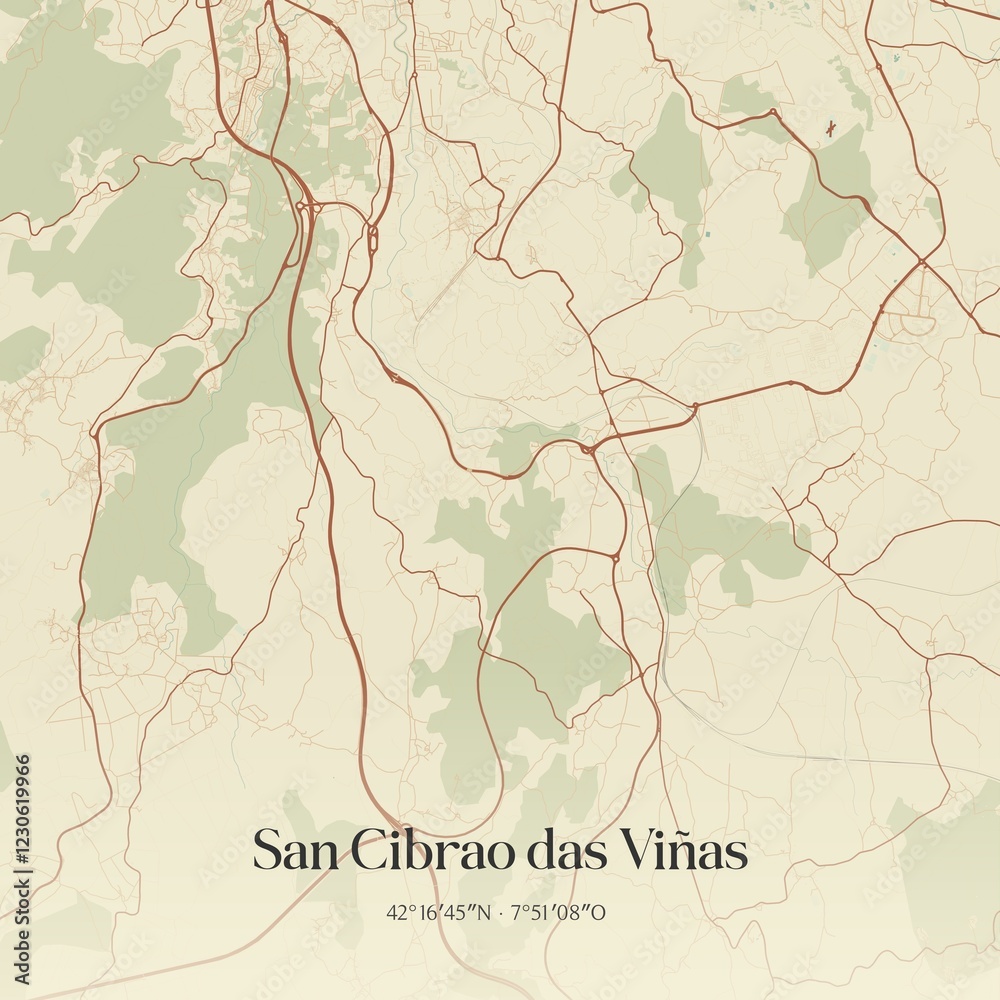 Fototapeta premium Retro Spanish map of San Cibrao das Vi�as, Galicia. Vintage street map.