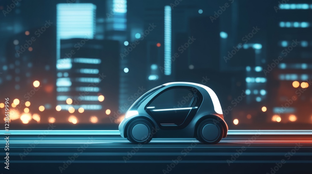 Fototapeta premium A small car is driving down a city street. The car is white and black. The street is lit up with lights