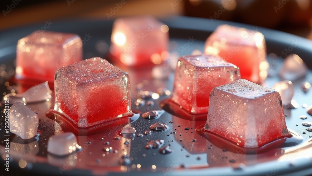 Fresh ice cubes melting on a reflective snowy surface with warm sunset light Fresh ice cubes melting on a reflective snowy surface with warm sunset light