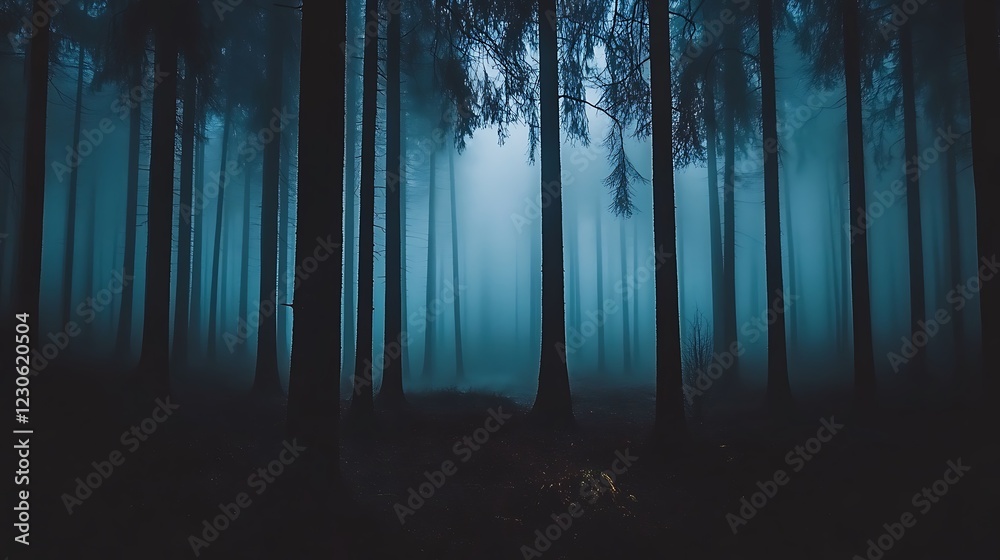 Obraz premium A mysterious dark forest covered in thick mist, with tall shadowy trees creating an eerie and quiet atmosphere.