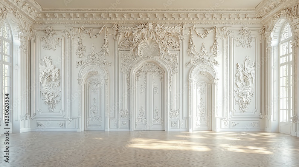 Naklejka premium Bright room with white walls and wooden floor. The walls have fancy moldings, like the ones in palaces. This 3D illustration shows a home or office with elegant designs on the walls and floor.