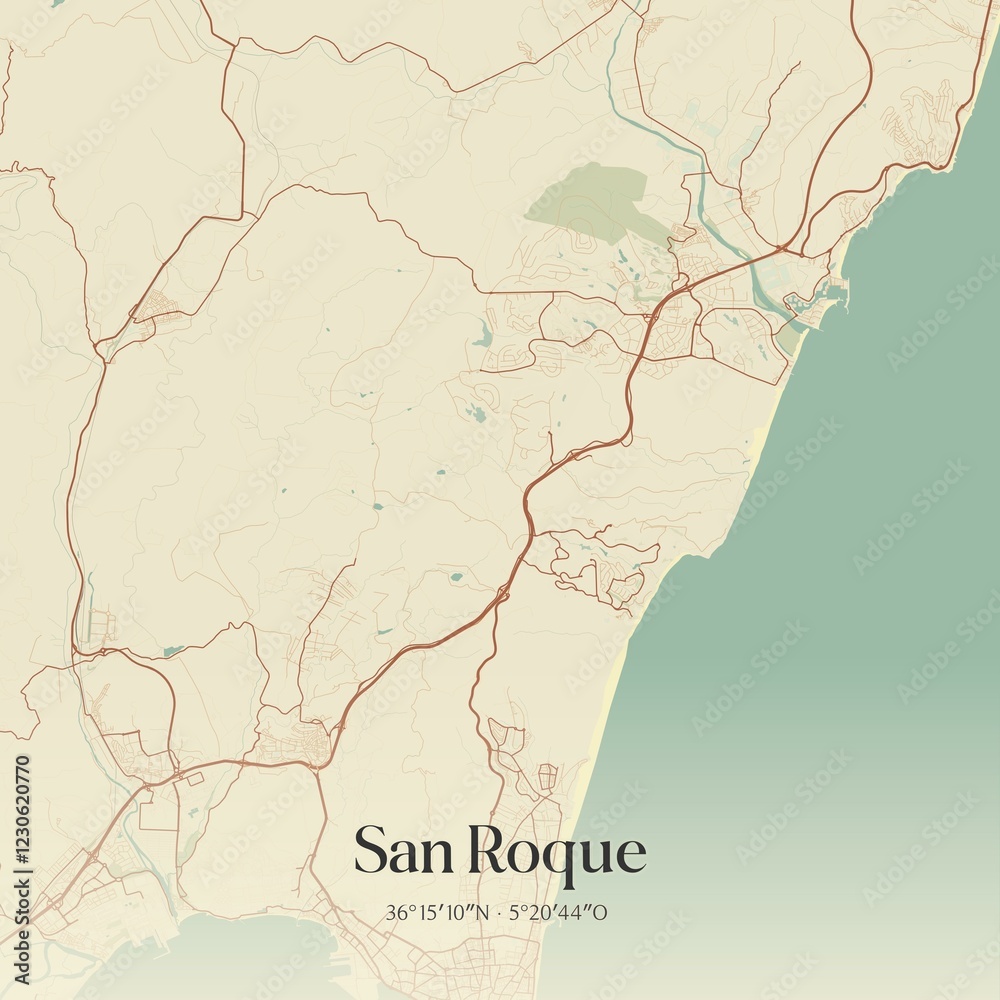 Fototapeta premium Retro Spanish map of San Roque, Andaluc�a. Vintage street map.