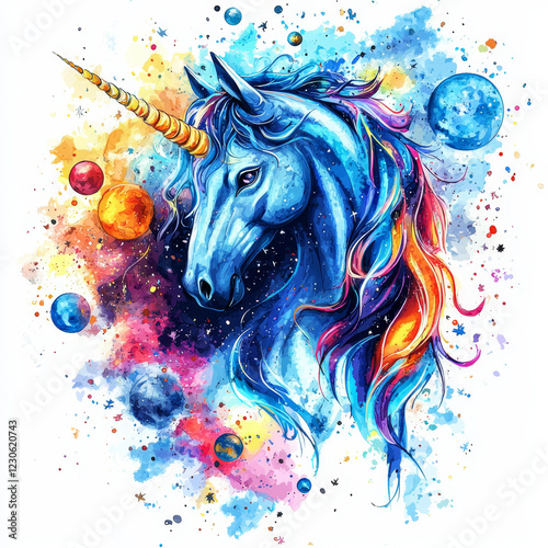 Cosmic Unicorn: A watercolor painting of a unicorn amidst a vibrant nebula. photo