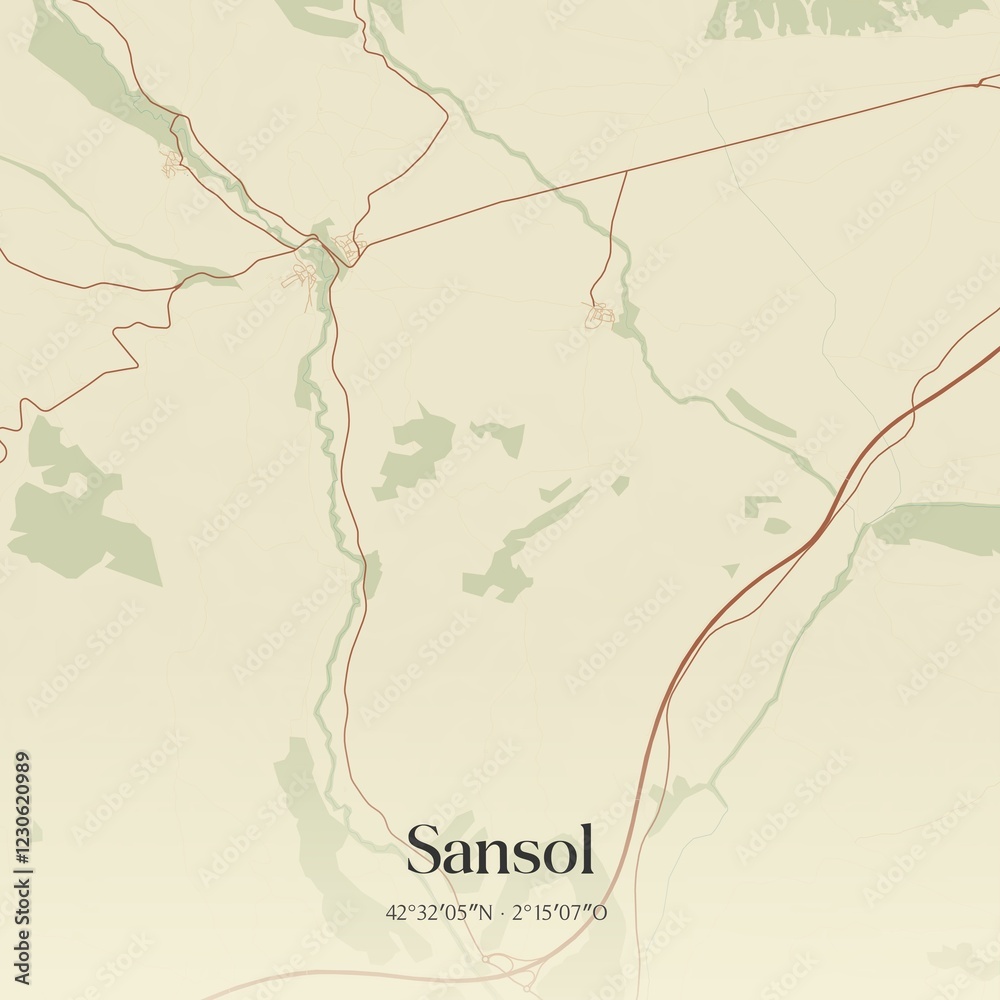 Fototapeta premium Retro Spanish map of Sansol, Comunidad Foral de Navarra. Vintage street map.