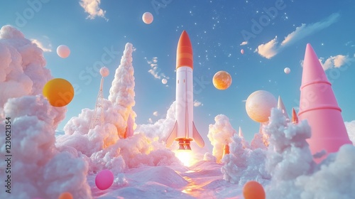 3D render of launching a new product or service, showcasing the technology development process with a space rocket launch in the background
