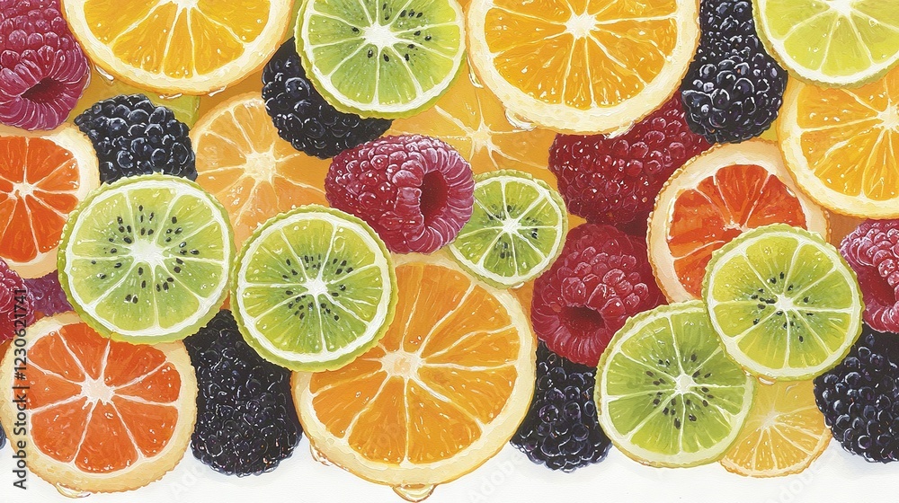 Obraz premium A colorful wallpaper featuring halved oranges, raspberries, lemons, and limes