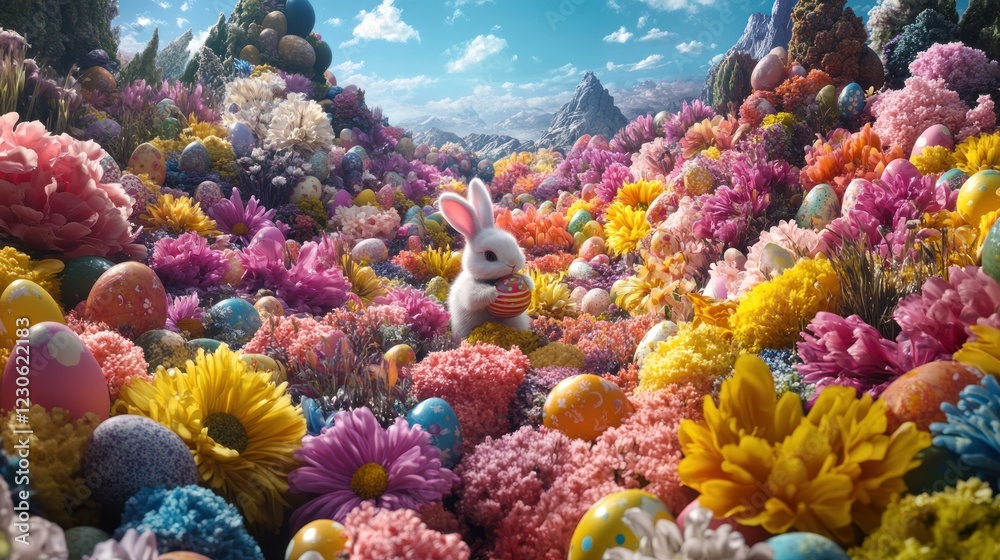 Obraz premium Easter Bunny Amidst Colorful Flowers and Eggs