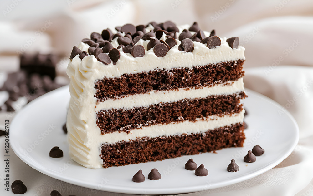 A tempting slice of chocolate chip cake served on a plate, featuring a rich, chocolatey appearance and visible chocolate chips. A tempting slice of chocolate chip cake served on a plate, featuring a rich, chocolatey appearance and visible chocolate chips.