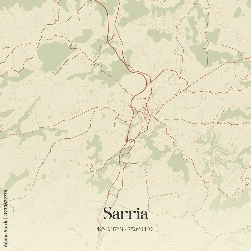 Fototapeta premium Retro Spanish map of Sarria, Galicia. Vintage street map.