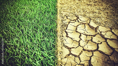 A symbolic juxtaposition of a lush green field transitioning into a dry, cracked wasteland, the dividing line stark and dramatic, soft golden light illuminating the scene, impactful and photo