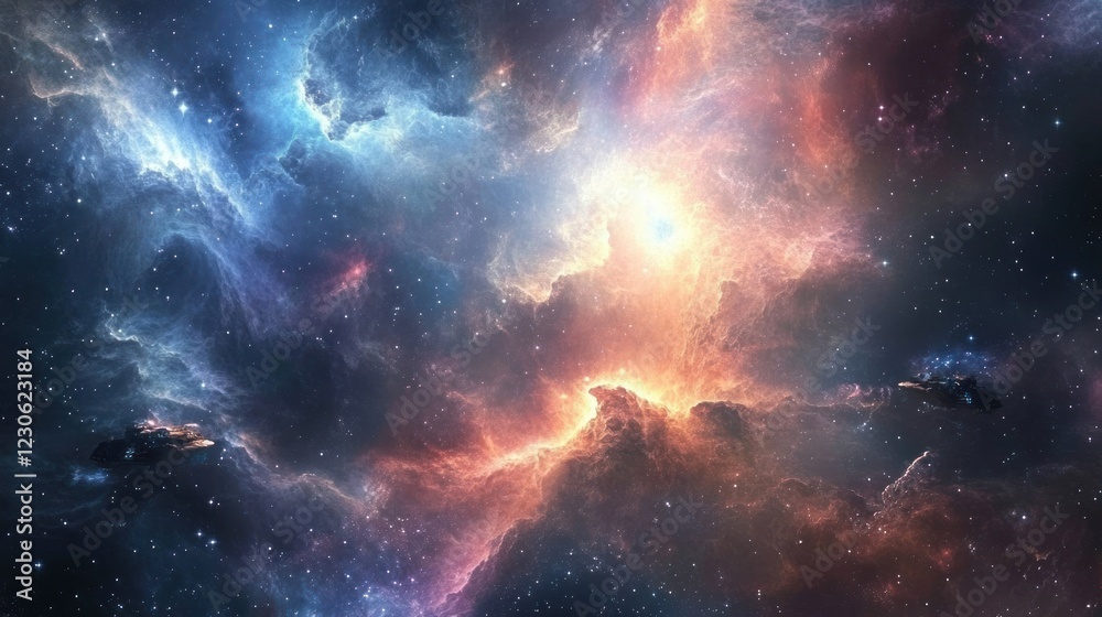 Cosmic Nebula With Two Spaceships Traveling Through Space Cosmic Nebula With Two Spaceships Traveling Through Space