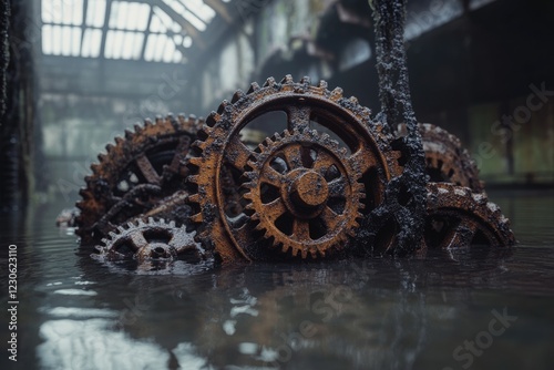 Rusty gears submerged in murky water within a dilapidated industrial building, evoking a sense of forgotten history. photo