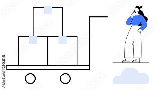 Person contemplating, next to hand truck carrying boxes. Ideal for logistics, planning, decision-making, transportation, business strategies, problem-solving efficiency. Clean lines and simple