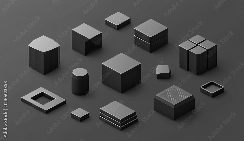 Collection of dark gray isometric shapes on dark background. Collection of dark gray isometric shapes on dark background.