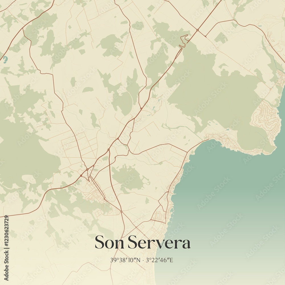 Fototapeta premium Retro Spanish map of Son Servera, Islas Baleares. Vintage street map.
