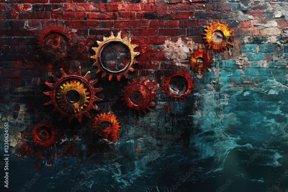 Rusty gears affixed to a weathered brick wall, steampunk aesthetic, grunge texture. Rusty gears affixed to a weathered brick wall, steampunk aesthetic, grunge texture.