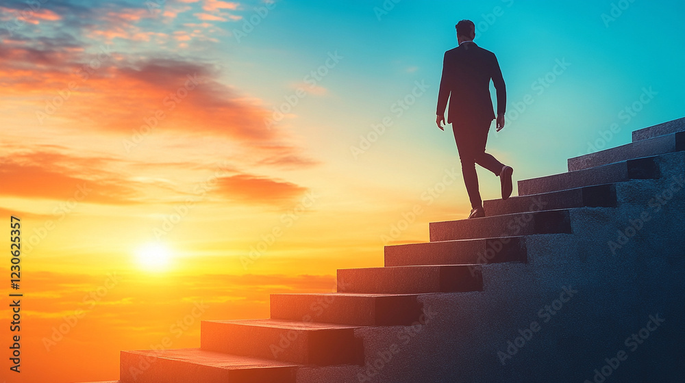 custom made wallpaper toronto digitalA silhouette of a businessman climbing stairs symbolizing ambition, success, and growth with a minimalist bright light tone background and an empty caption space for future aspirations