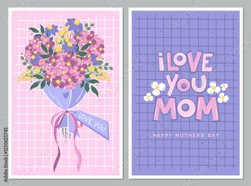 Mother's Day card set. Banner, poster, template or cover with a bouquet flowers and I love you mom inscription. Spring summer floral design. Vector illustration