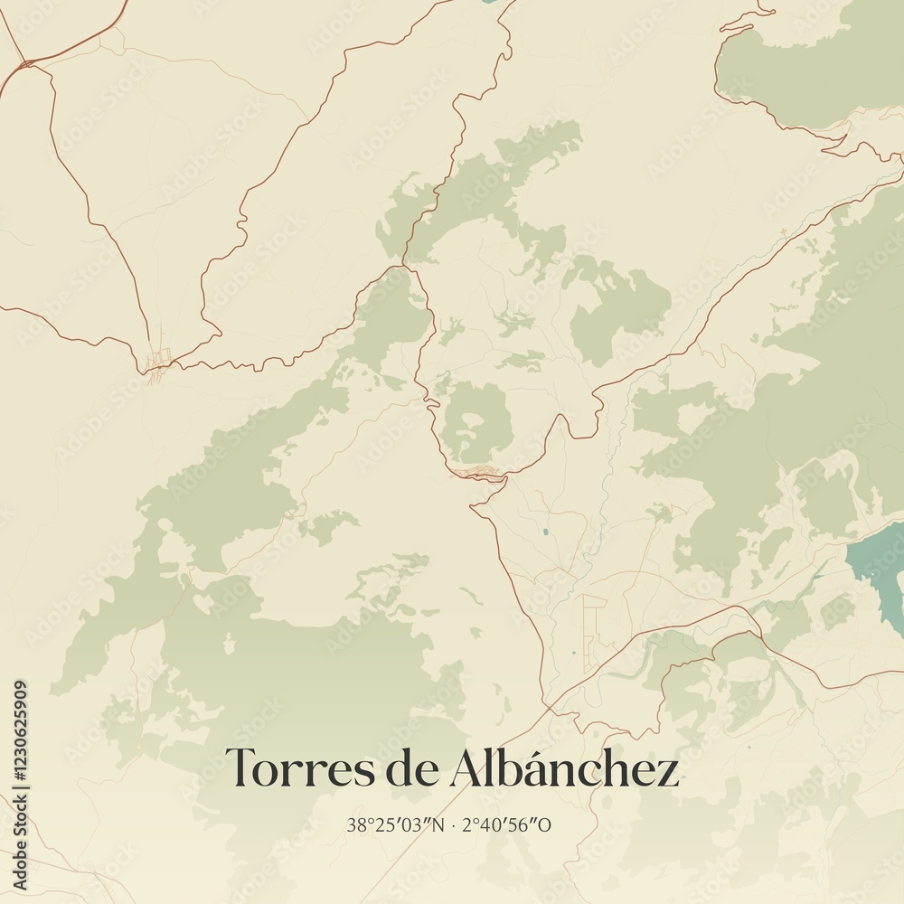 Fototapeta premium Retro Spanish map of Torres de Alb�nchez, Andaluc�a. Vintage street map.