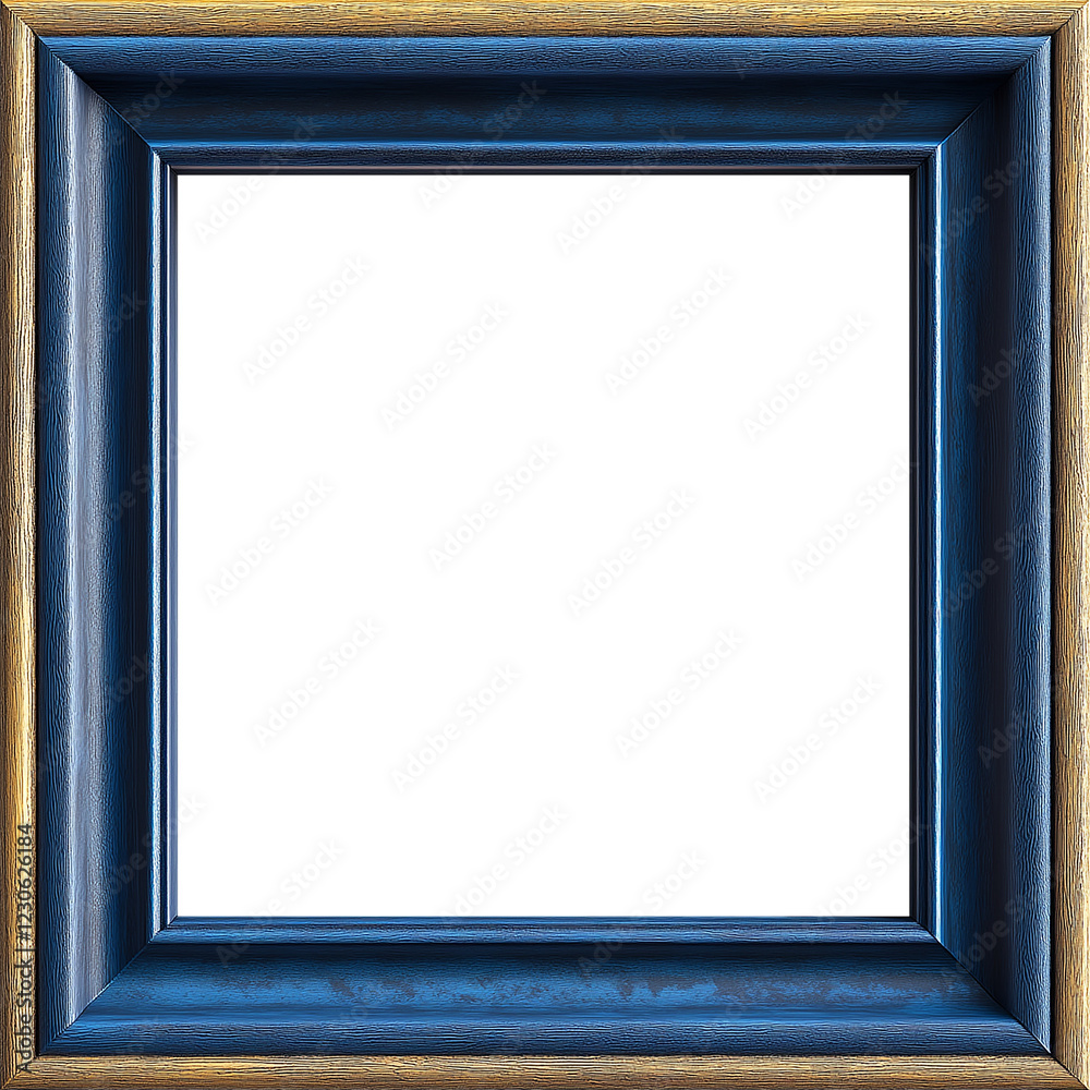Fototapeta premium Frame on white, Blue wooden frame on a wall, a gold-rimmed frame, blank photo frame, vintage picture frame