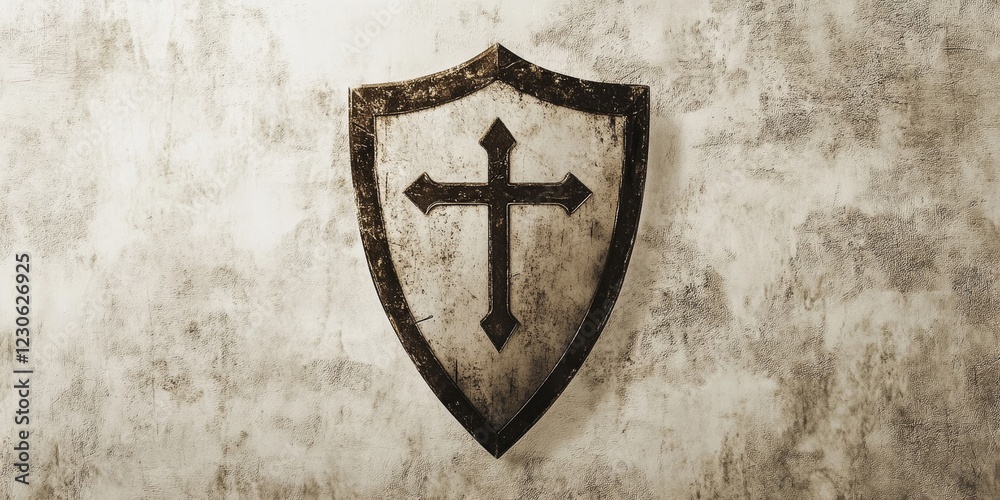 A cross is on a shield. The shield is worn and dirty. The cross is surrounded by a circle