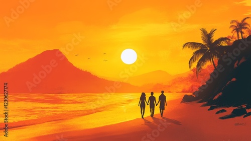 A happy couple holds hands as they walk along a beach towards a mountain, enjoying the summer sunset. They symbolize the adventure and joy of traveling together.