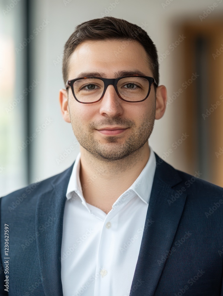 Businessman smiling portrait, office background