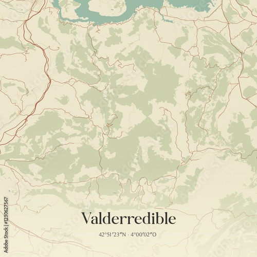Retro Spanish map of Valderredible, Cantabria. Vintage street map.