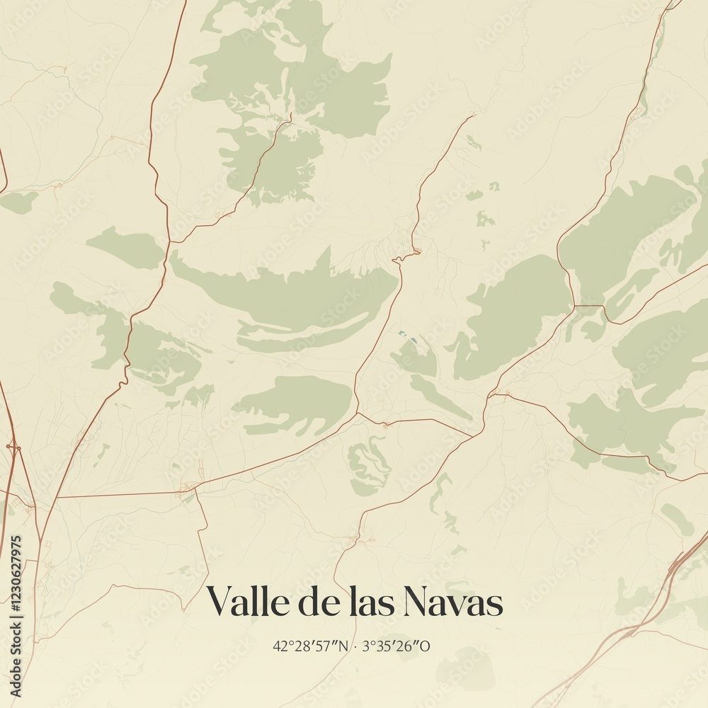 Fototapeta premium Retro Spanish map of Valle de las Navas, Castilla y Le�n. Vintage street map.