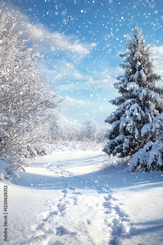 Snowy landscape with a path leading to a tree. The snow is falling and the sky is blue Snowy landscape with a path leading to a tree. The snow is falling and the sky is blue