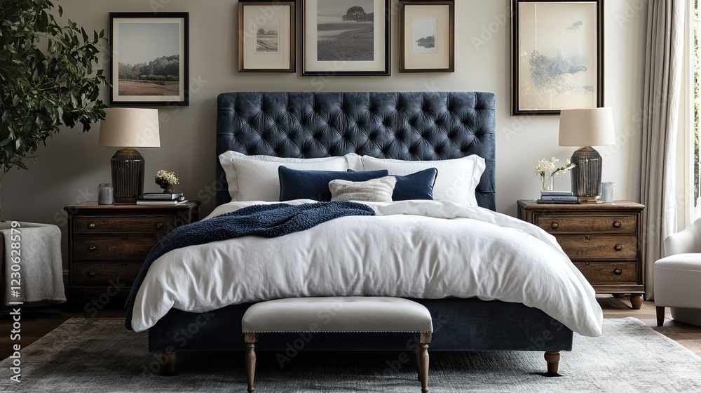 Fototapeta premium Elegant Blue Velvet Bedroom With Wooden Accents