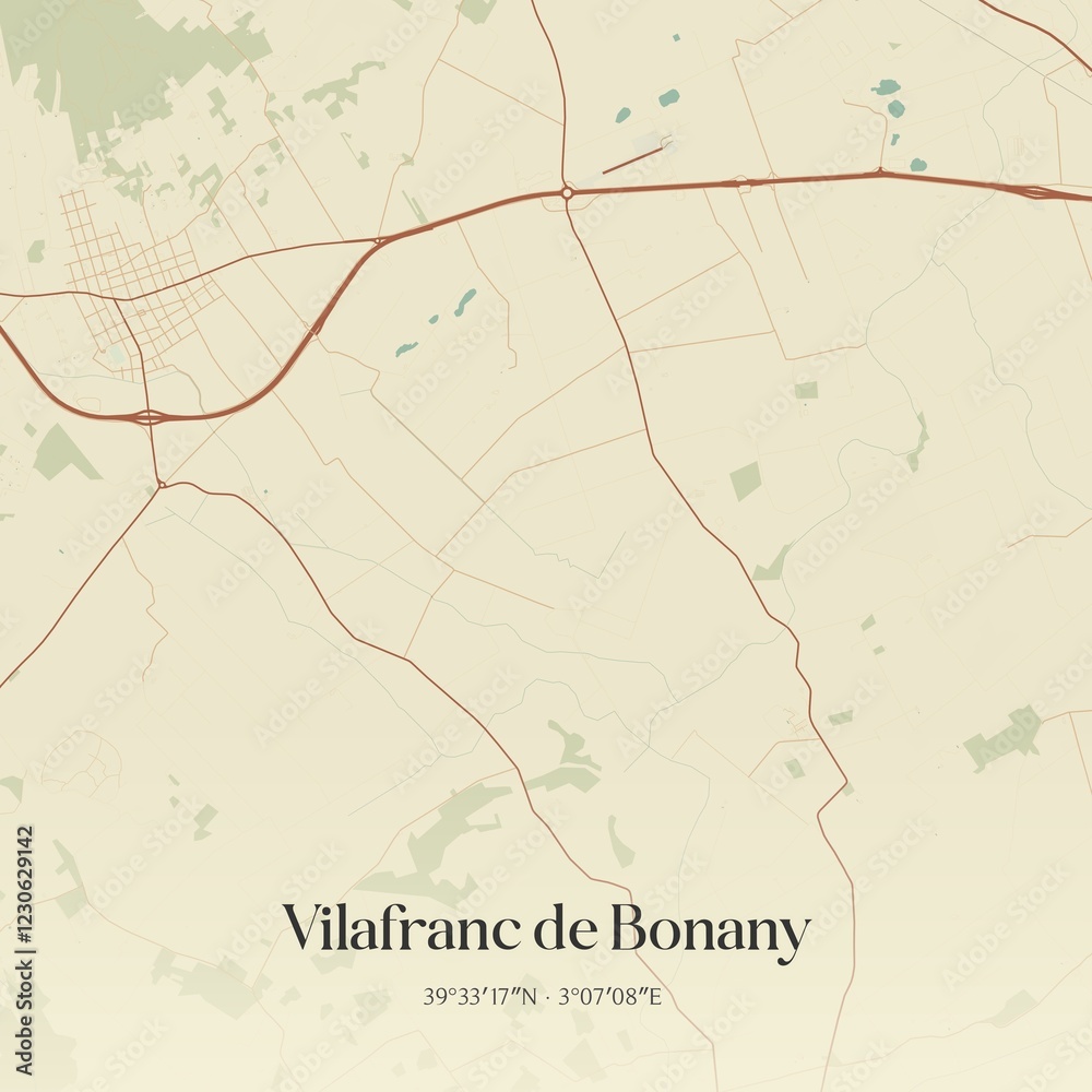 Fototapeta premium Retro Spanish map of Vilafranc de Bonany, Islas Baleares. Vintage street map.