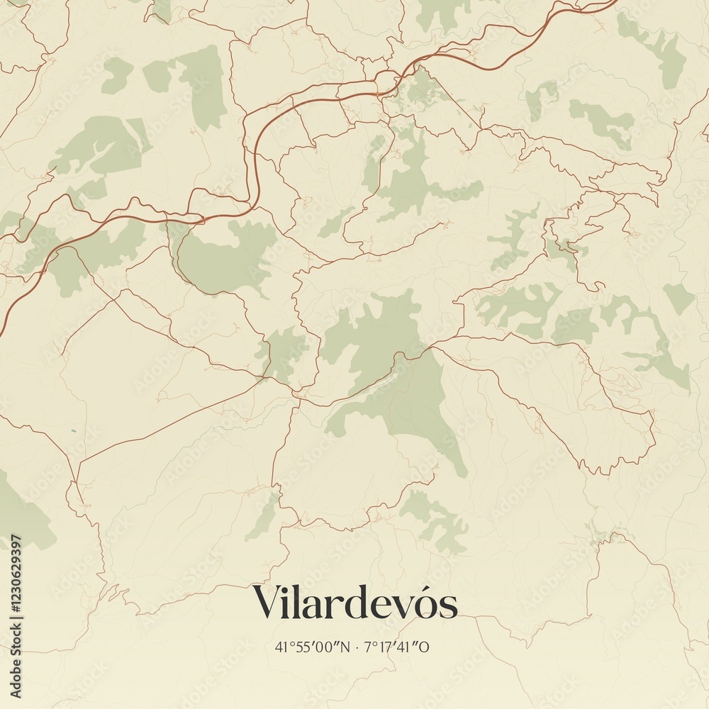 Fototapeta premium Retro Spanish map of Vilardev�s, Galicia. Vintage street map.