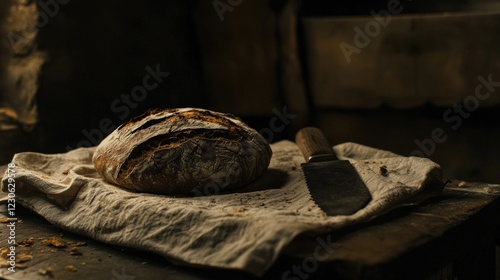 Rustic sourdough bread on linen cloth with bread knife. photo